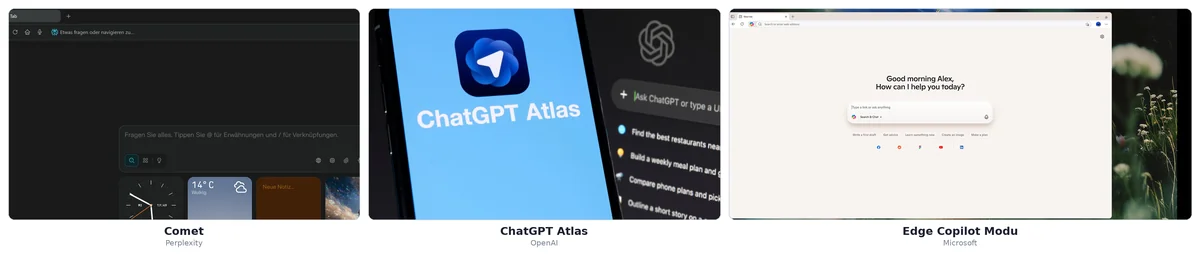 Perplexity Comet, OpenAI ChatGPT Atlas ve Microsoft Edge Copilot Modu yapay zeka tarayıcılarının gerçek arayüz görselleri