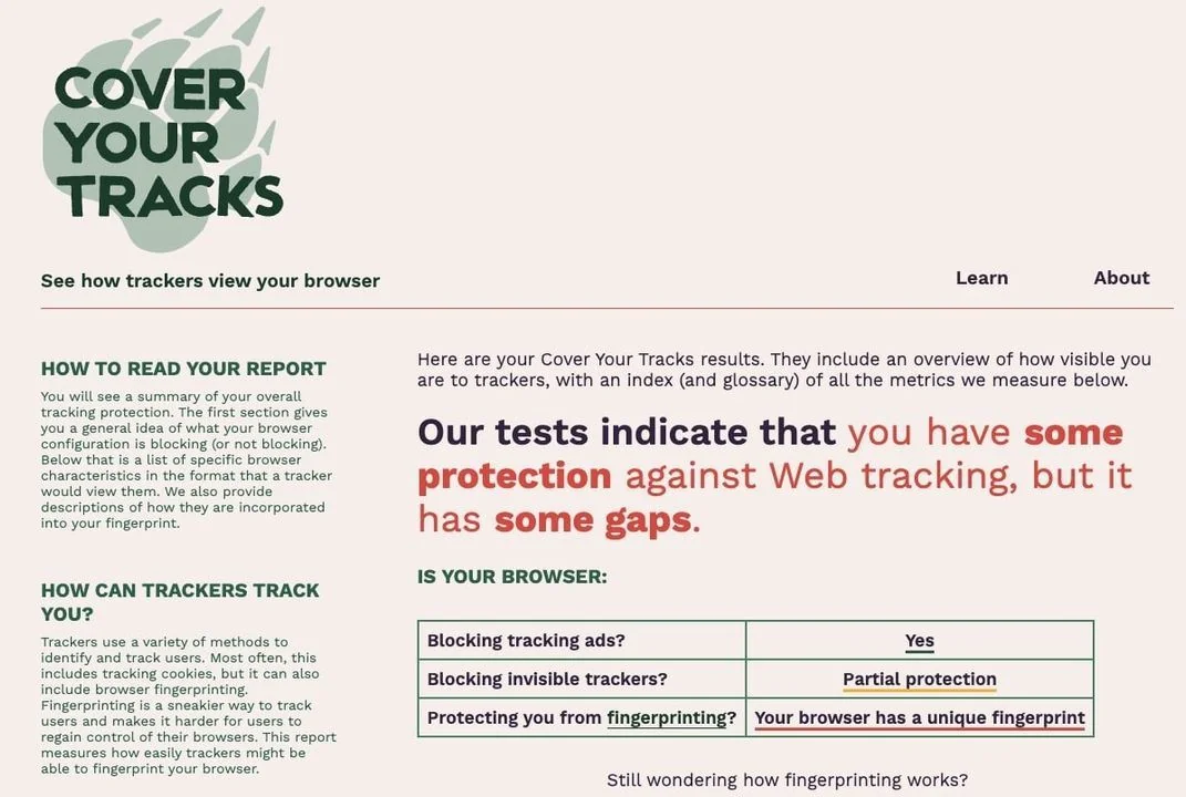 EFF Cover Your Tracks test aracının sonuç ekranı: tarayıcının parmak izine karşı korumasını ve benzersizliğini gösteren rapor