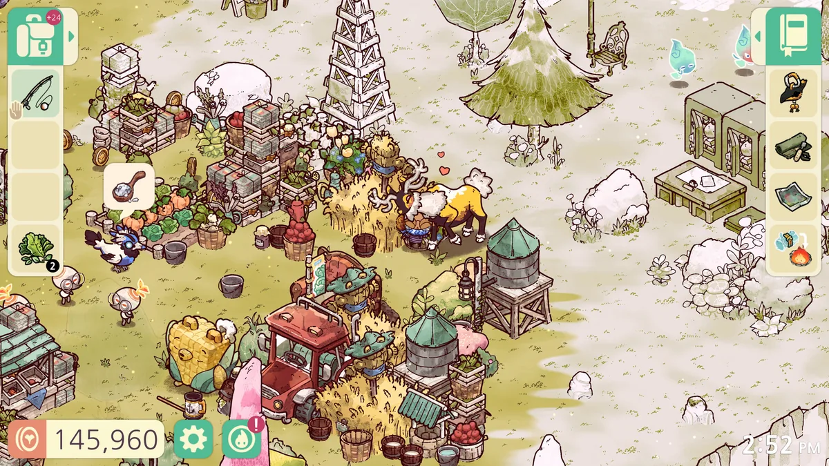 Cozy Grove oyununda oyuncu karakterinin renklenmeye başlayan perili adada geyik ruhu ile karşılaşması