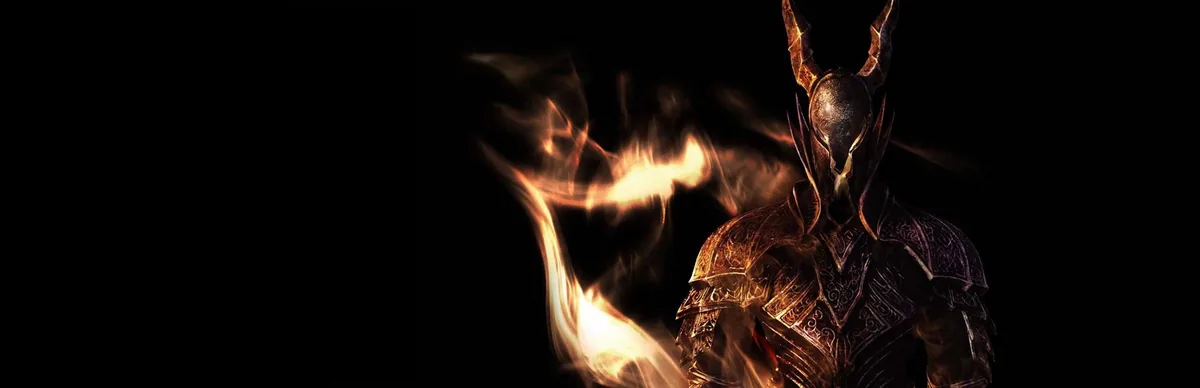 Dark Souls oyununun resmi anahtar görseli: alevler içinde duran zırhlı ve boynuzlu bir şövalye