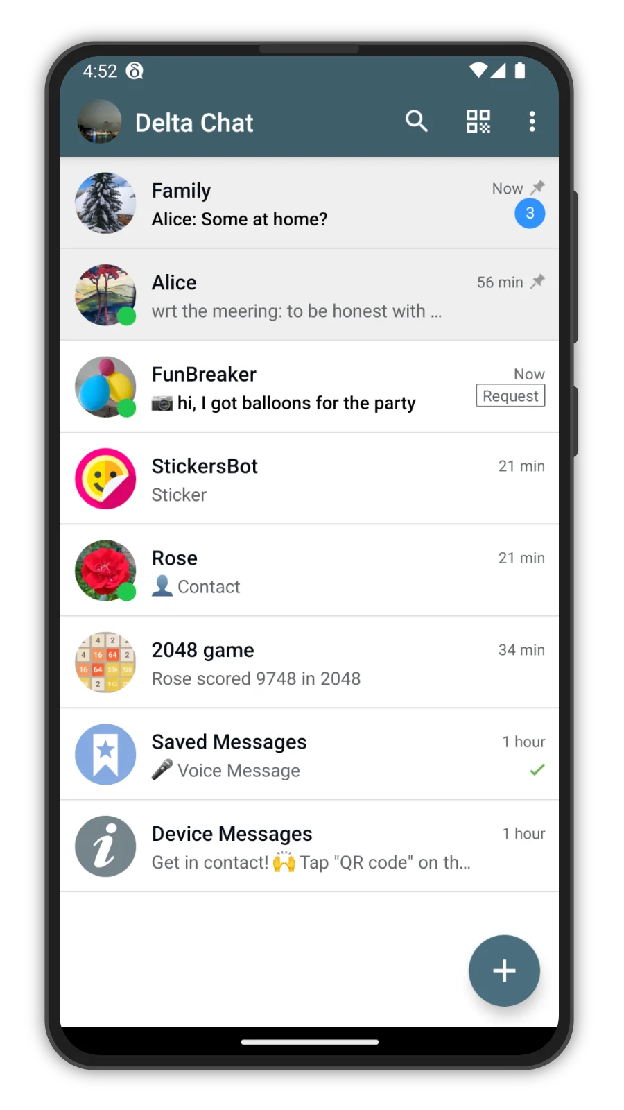 Delta Chat Android uygulamasının sohbet listesi ekran görüntüsü