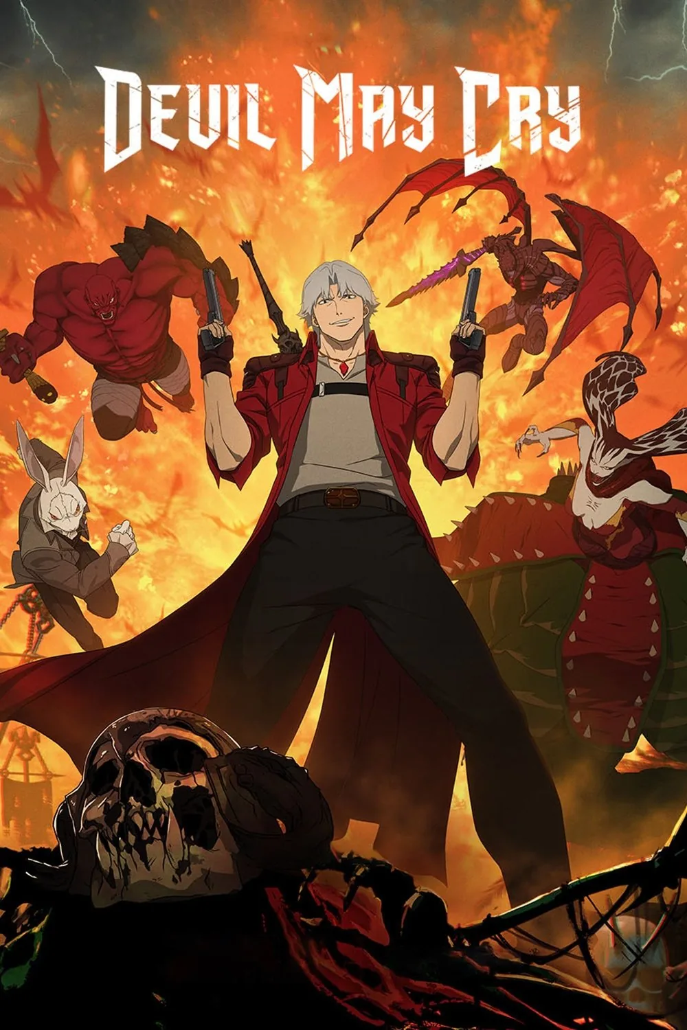 Devil May Cry dizisinin resmi afişi: iblis avcısı Dante, alevler içindeki bir sahnede iki tabanca ve iblis düşmanlarıyla