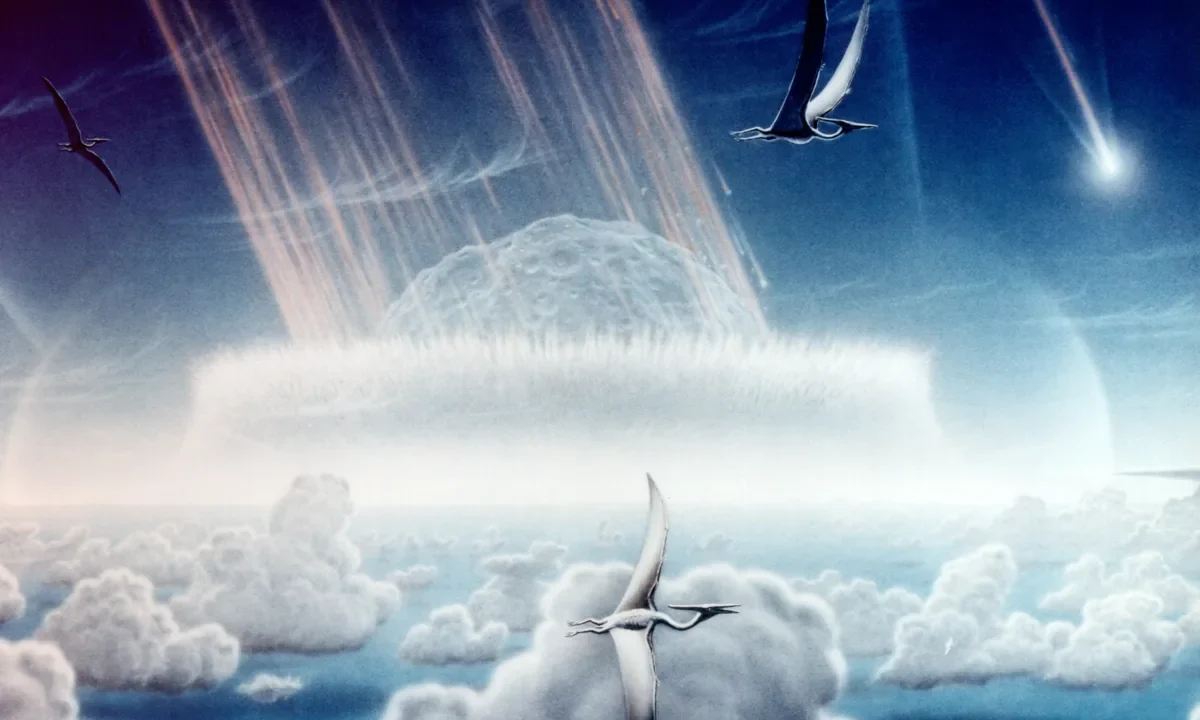 Dinozorları yok eden göktaşının (Chicxulub asteroidi) Dünya atmosferine çarpış anını gösteren bilimsel illüstrasyon