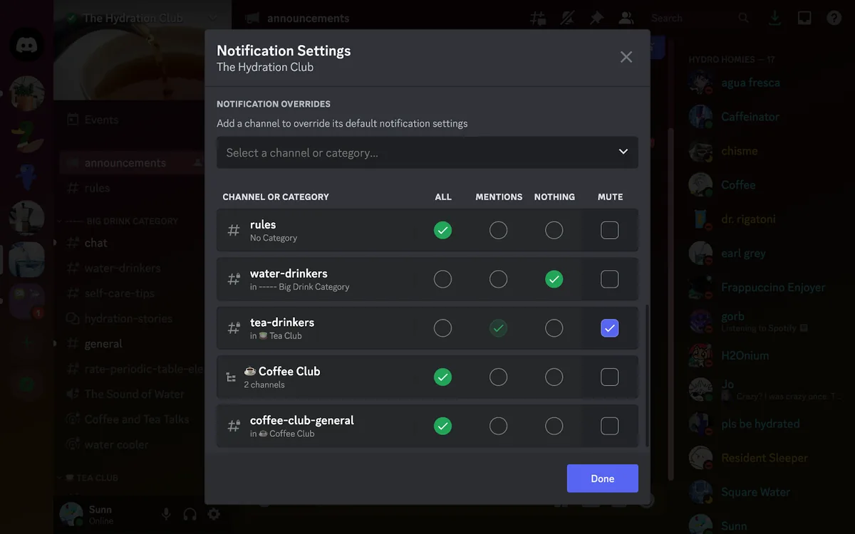 Discord sunucu Bildirim Ayarları penceresinde kanal bazlı Bildirim Geçersiz Kılmaları tablosu