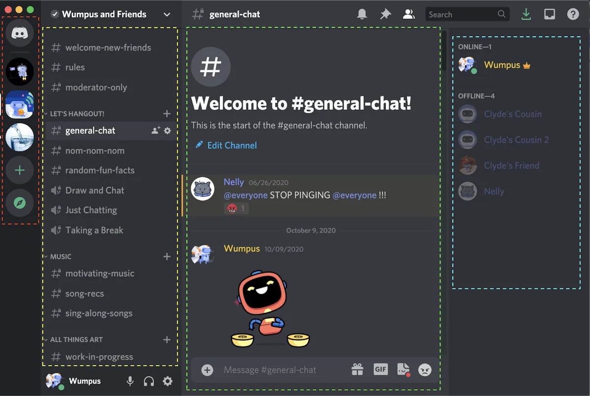 Discord masaüstü uygulamasında sol sunucu çubuğu, kanal listesi ve açık bir metin kanalı görünümü
