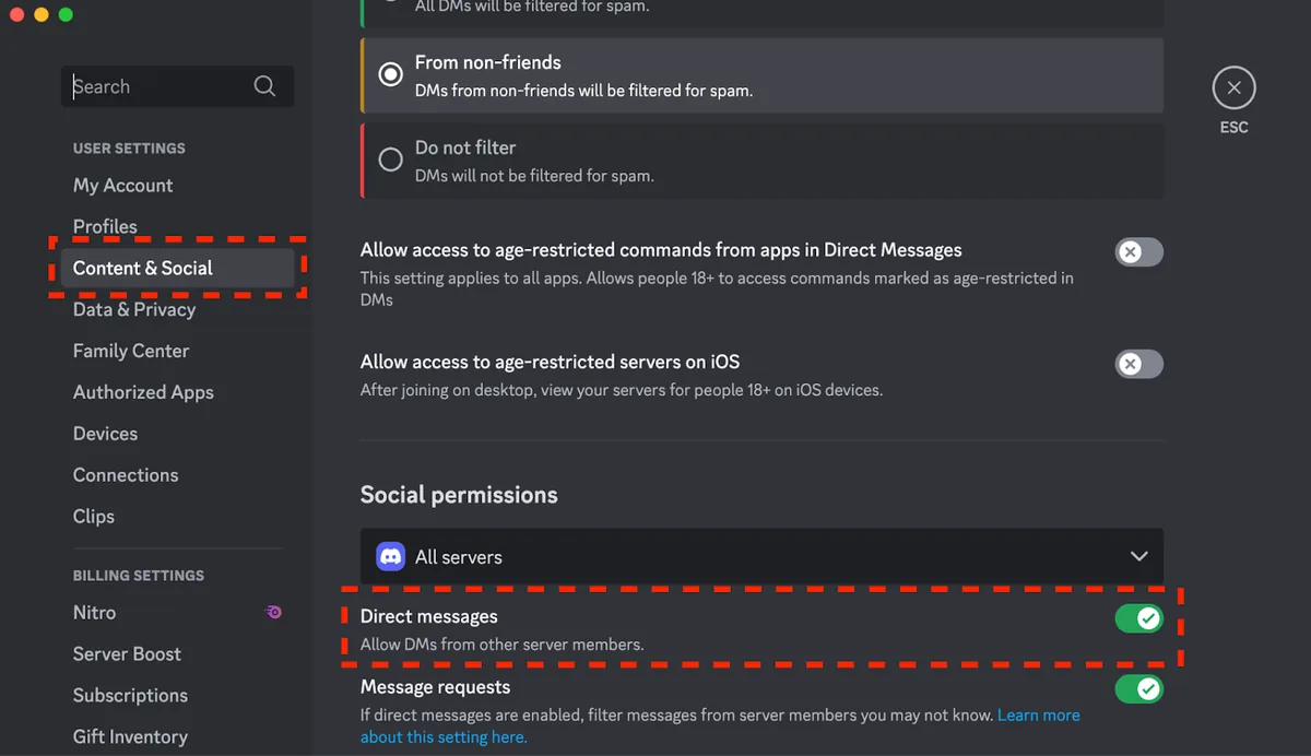Discord Gizlilik ve Güvenlik ile ilişkili İçerik ve Sosyal ayarlarında doğrudan mesaj filtreleme seçenekleri