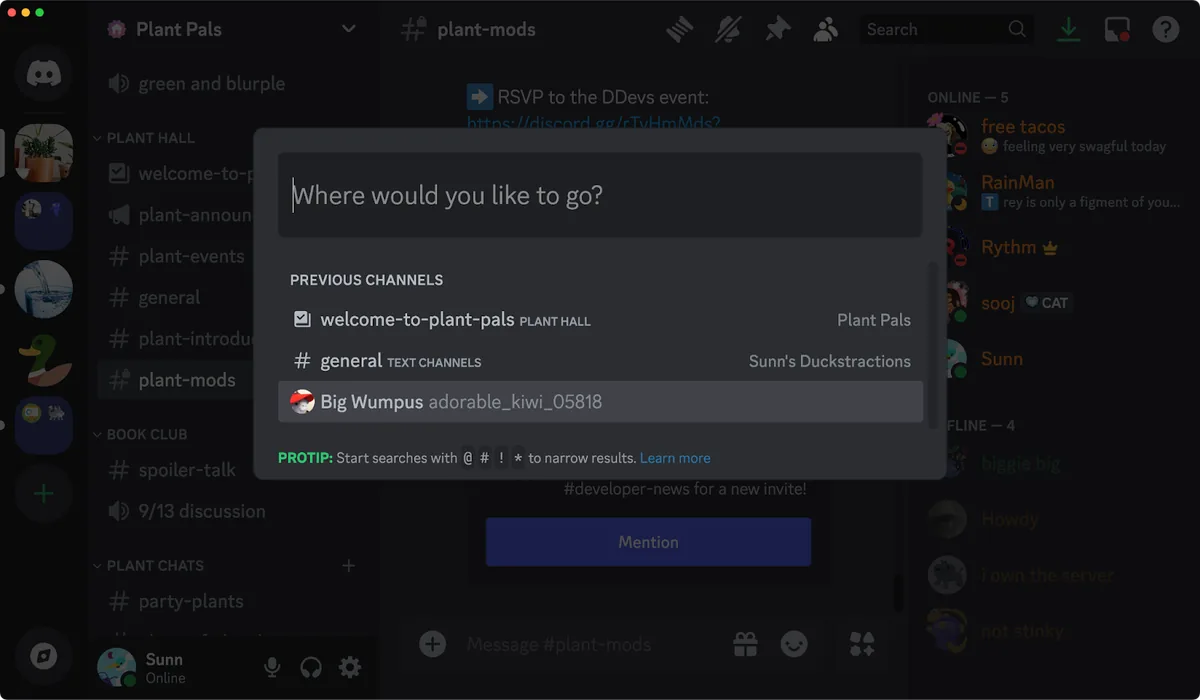Discord Hızlı Geçiş (Quick Switcher) penceresinde sunucu ve kanal arama sonuçları