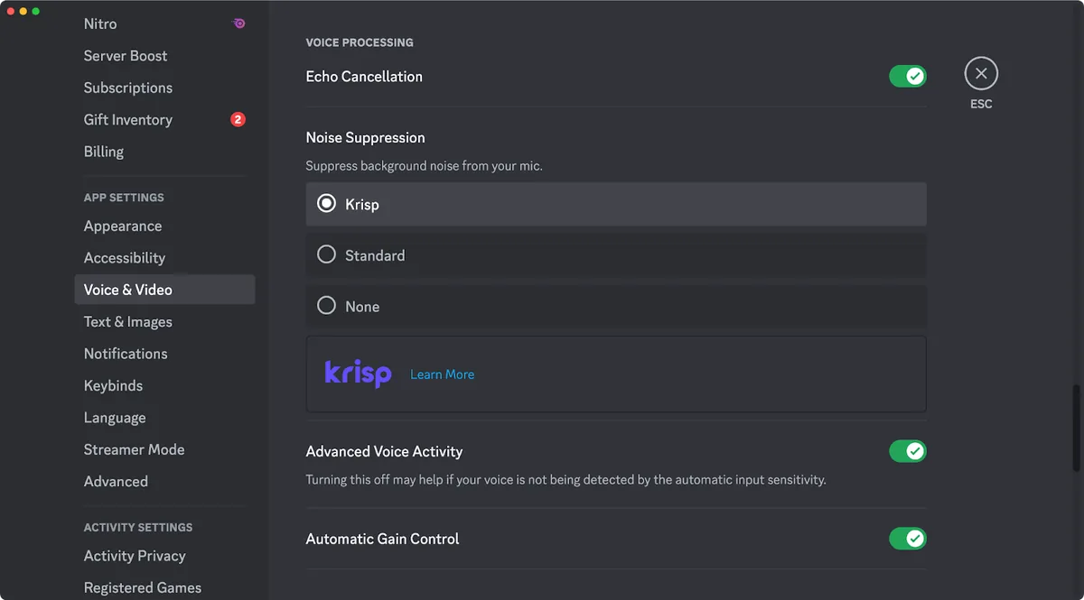 Discord Ses ve Görüntü ayarlarında Krisp gürültü engelleme seçeneğinin işaretli hâli