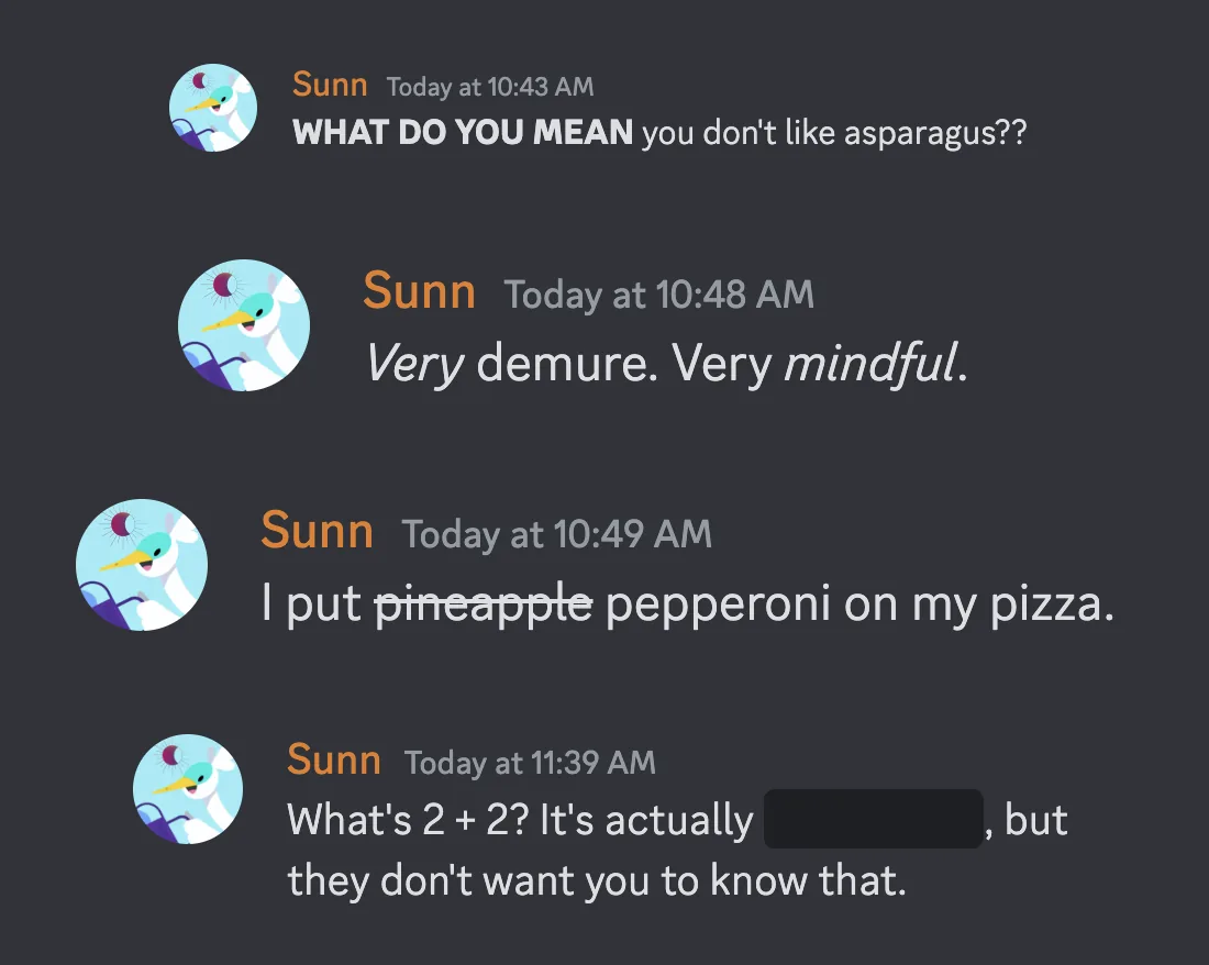 Discord sohbetinde kalın, italik, üstü çizili yazı ve gizlenmiş bir spoiler mesajı örnekleri