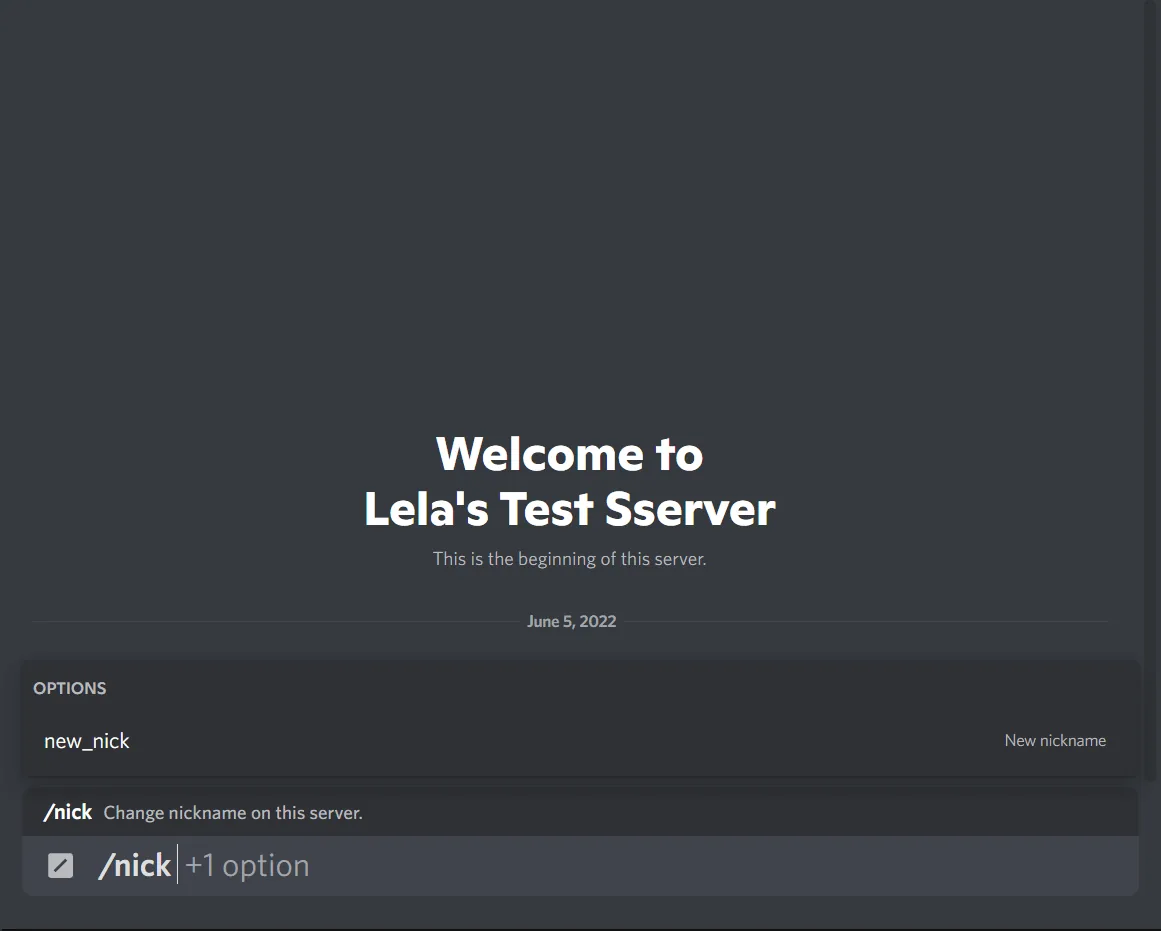 Discord mesaj kutusunda yerleşik /nick komutunun otomatik tamamlama menüsü ve takma ad değiştirme seçeneği