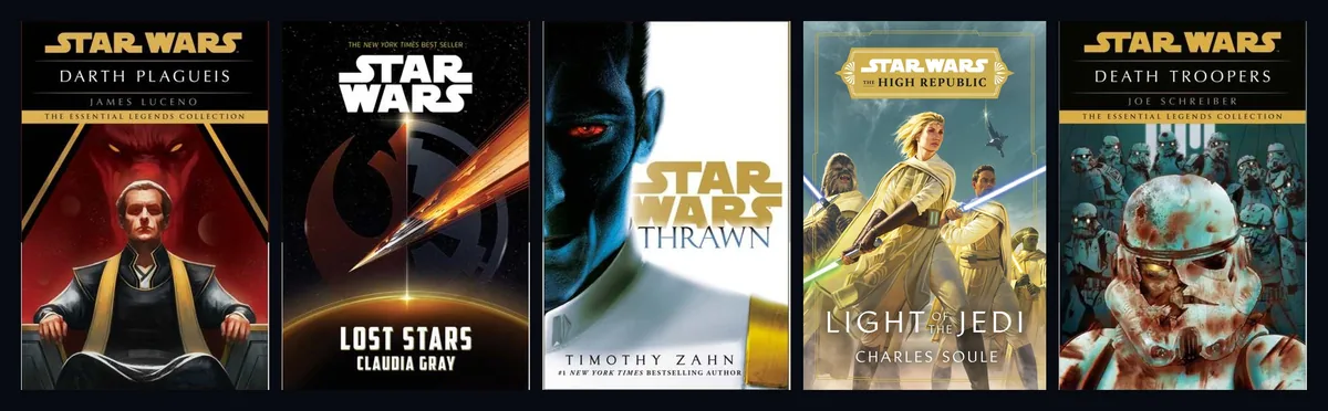 Disney'in uyarlayabileceği Star Wars kitapları: Darth Plagueis, Lost Stars, Thrawn, Light of the Jedi ve Death Troopers romanlarının resmi kapakları bir arada