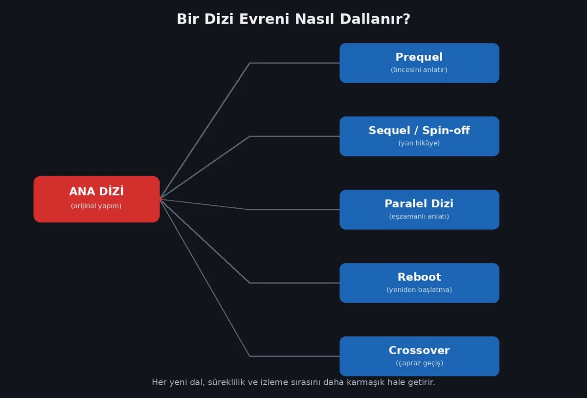 Ana dizinin prequel, sequel, paralel dizi, reboot ve crossover şeklinde dallanmasını gösteren infografik