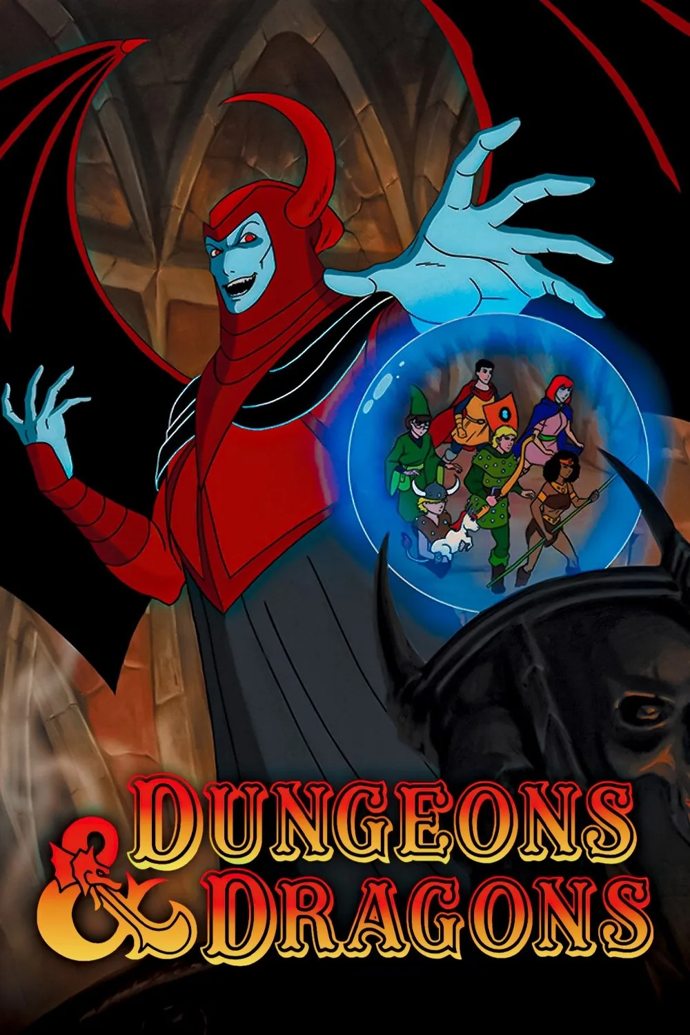 Dungeons & Dragons (1983) çizgi dizisinin resmi afişi: genç kahramanlar grubu ve kötü büyücü Venger