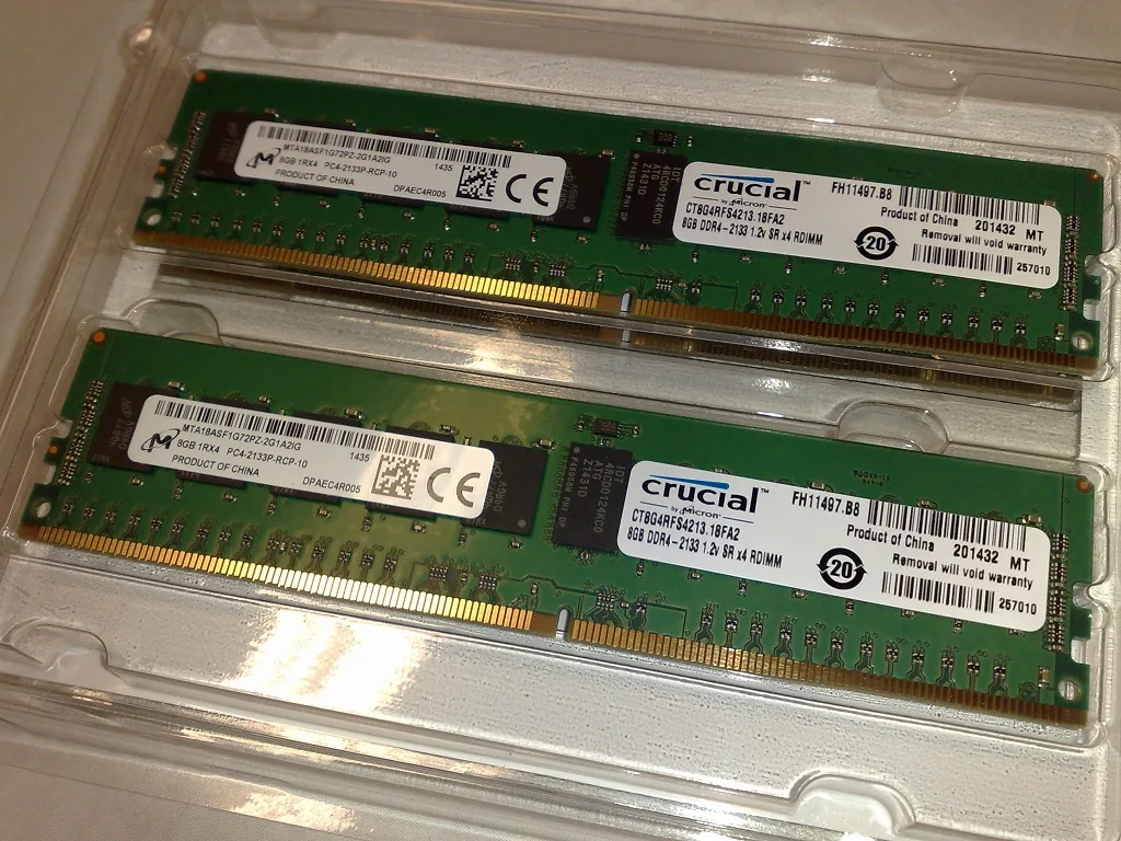 Ambalajı içinde iki adet ECC destekli DDR4 RDIMM sunucu bellek modülü, üzerlerinde ECC ve RDIMM etiketleri görünüyor