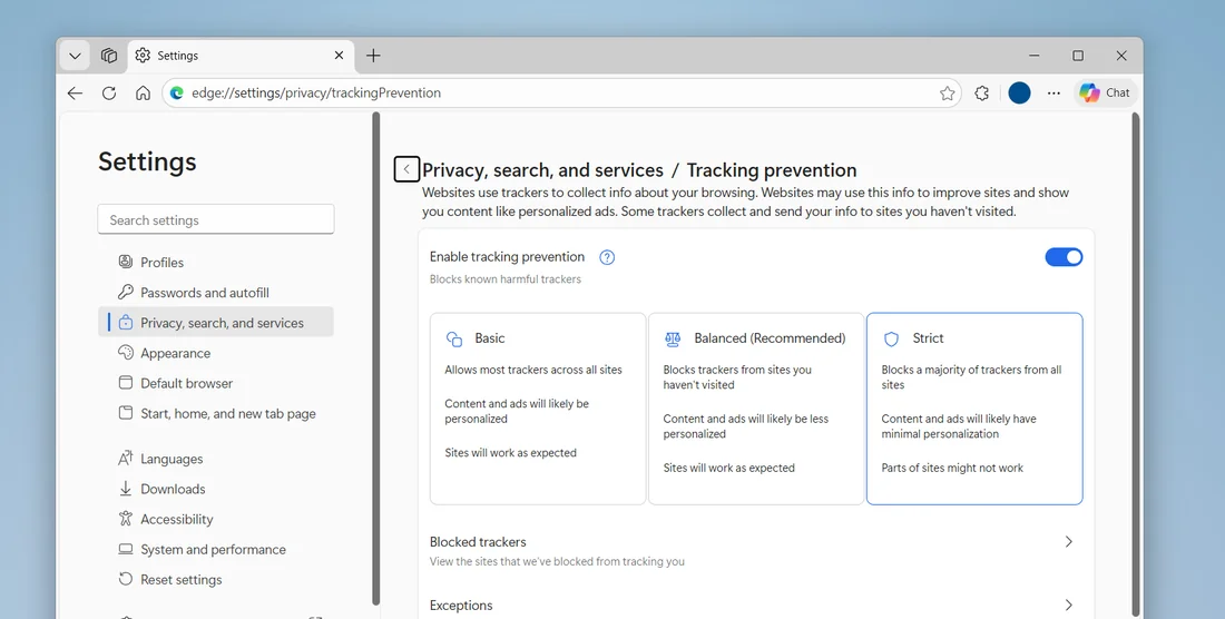 Microsoft Edge tarayıcısının İzleme önleme ayarlarında Temel, Dengeli ve Katı koruma düzeylerinin görüntüsü