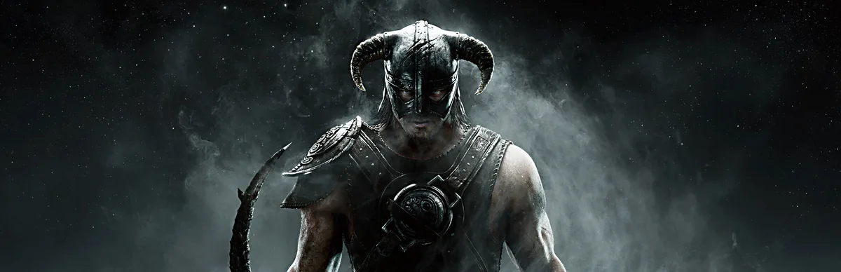 The Elder Scrolls V: Skyrim oyununun resmi anahtar görseli: boynuzlu miğferli Dragonborn karakteri
