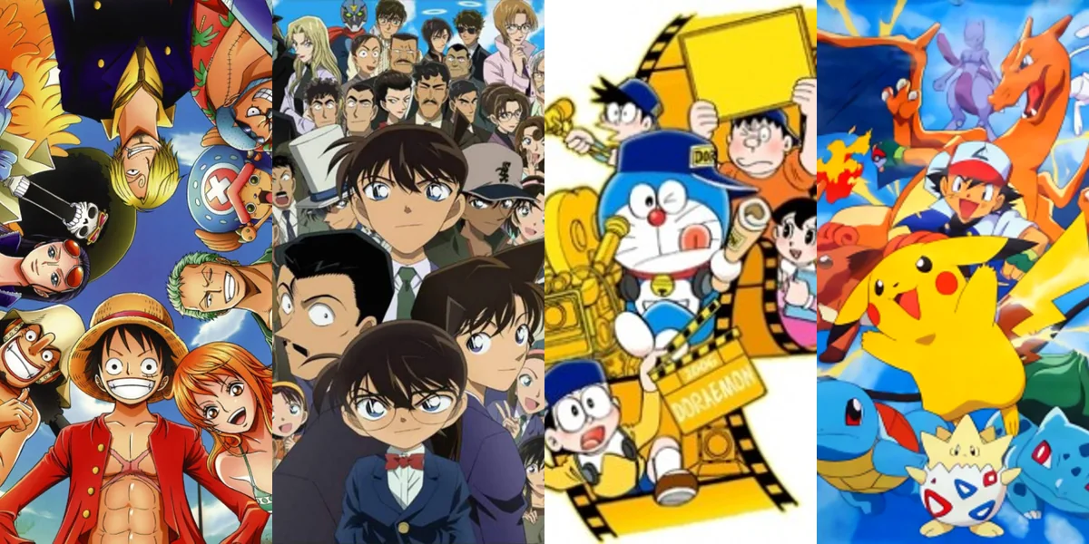 En uzun anime dizileri kolajı: One Piece, Detective Conan, Doraemon ve Pokémon resmi kapak görselleri