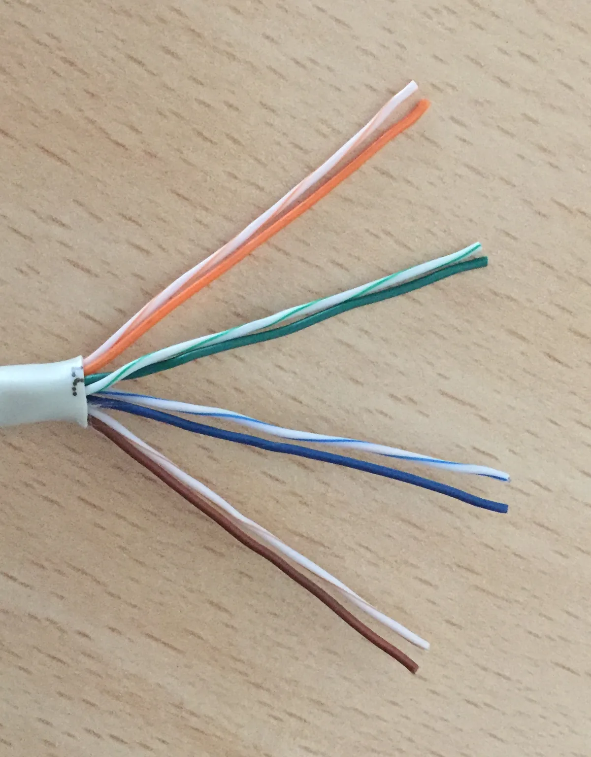Soyulmuş bir ethernet kablosunun ucunda ortaya çıkan sekiz renkli bakır telin yakın çekimi
