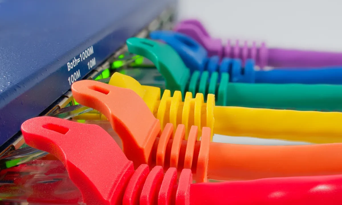 Renkli ethernet kablolarının uçlarındaki RJ45 konnektörlerin bir switche takılı yakın çekimi