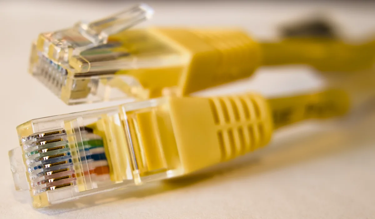 Şeffaf gövdeli bir RJ45 konnektörün içindeki sekiz bakır pimin yakından görünümü