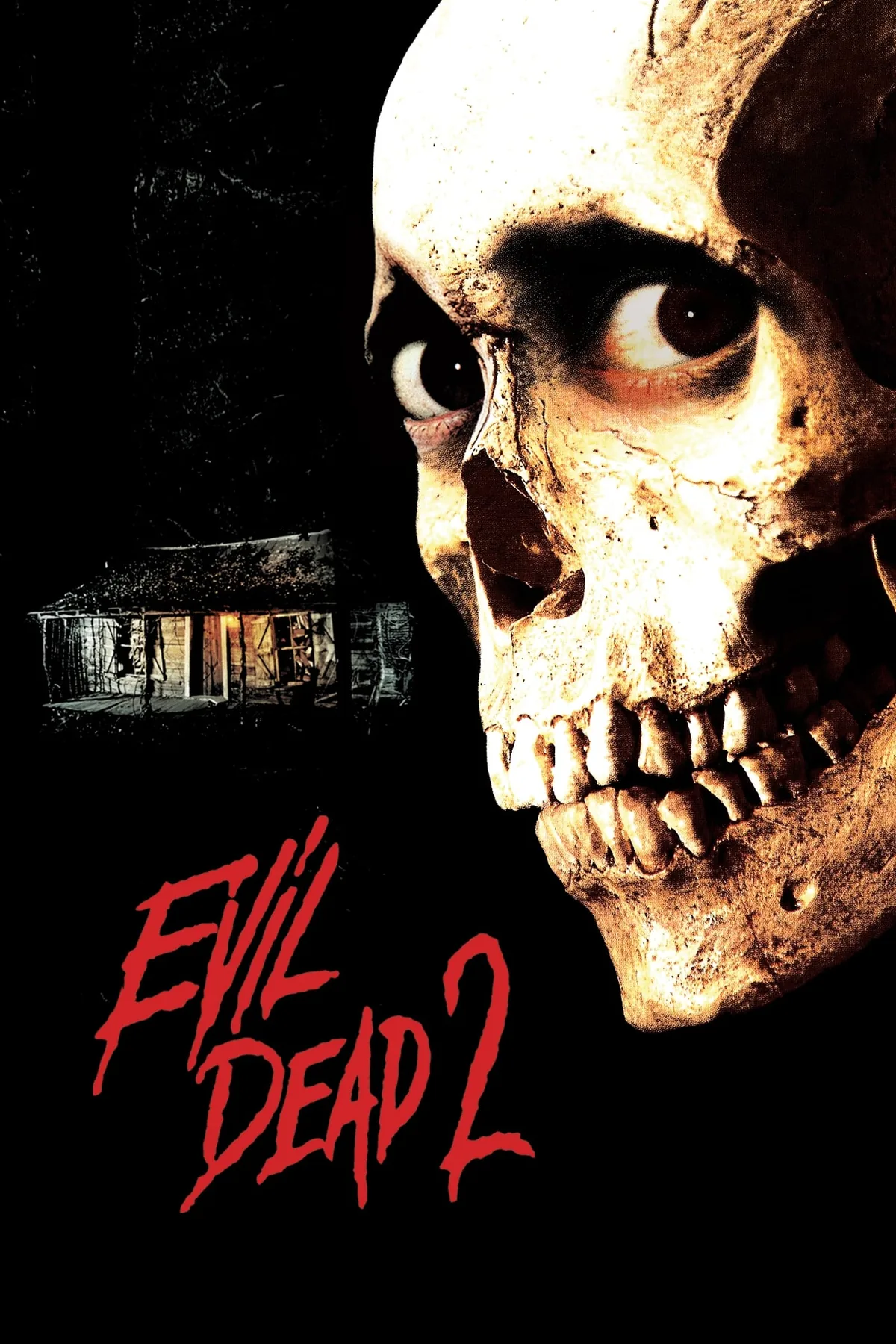 Evil Dead II 1987 filminin resmi afişi — dev kafatası ve kulübe siluetiyle