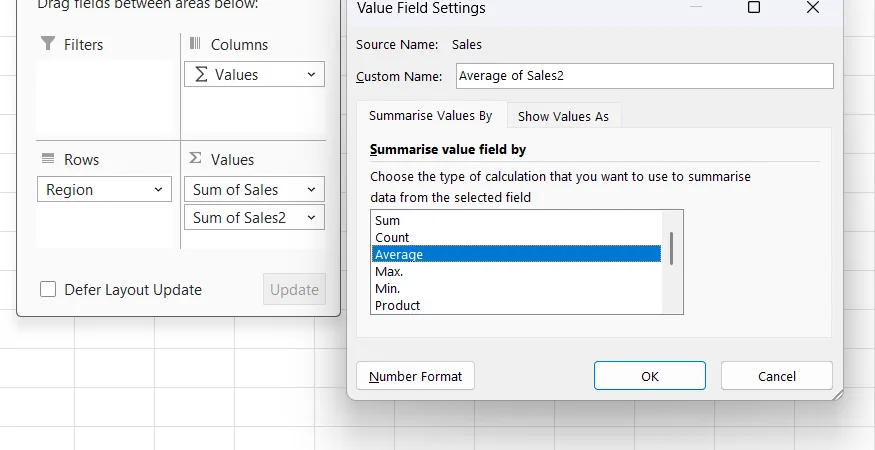 Excel'de Değer Alanı Ayarları penceresinde Ortalama hesaplama türünün seçilmesi