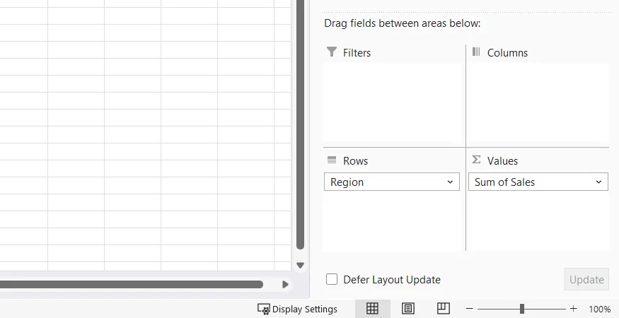 Excel PivotTable Alanları bölmesinde Satırlar ve Değerler bölgelerine sürüklenmiş alanlar