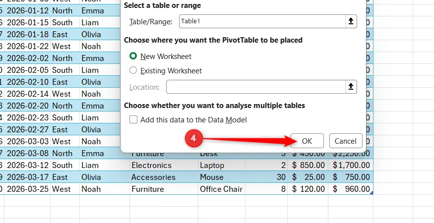 Excel'de Ekle sekmesinden PivotTable oluşturma penceresinde Yeni Çalışma Sayfası seçeneği ve Tamam düğmesi