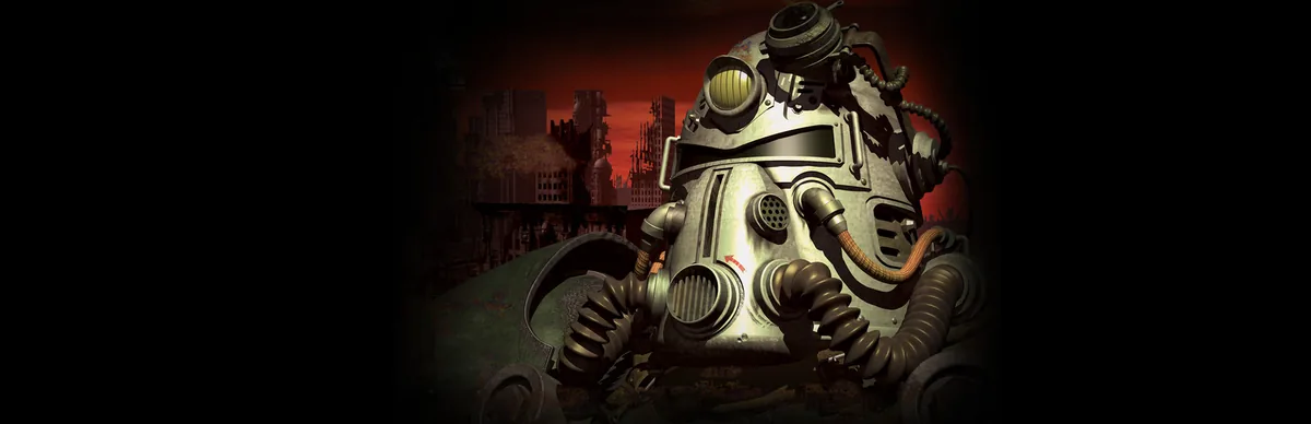 1997 yapımı orijinal Fallout oyununun güç zırhı temalı resmi kapak görseli, serinin izometrik klasik dönemini temsil ediyor