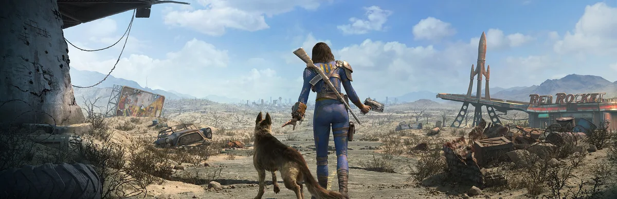 Fallout 4 oyununda güç zırhı taşıyan Sole Survivor karakteri, köpeği Dogmeat ile savaş sonrası Boston çorak topraklarında