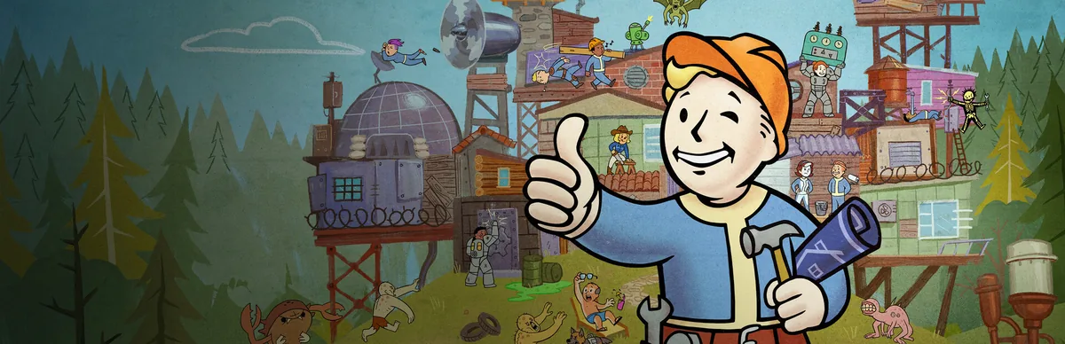 Fallout 76 oyununun resmi görselinde Vault Boy, Batı Virginia'nın yeşil Appalachia dağlarında sığınak inşa ederken