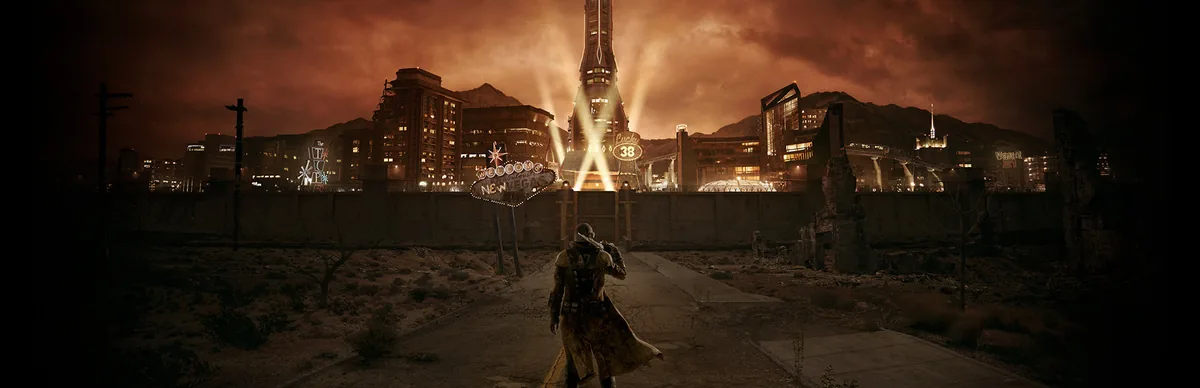 Fallout: New Vegas oyununda Lucky 38 kulesi ve neon ışıklarıyla aydınlanan Mojave Çölü'ndeki New Vegas şehri