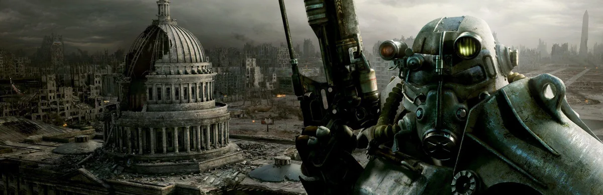Post-apokaliptik çorak topraklarda güç zırhı giymiş bir savaşçı ve harabeye dönmüş Washington D.C. — Fallout serisinin ikonik atmosferi