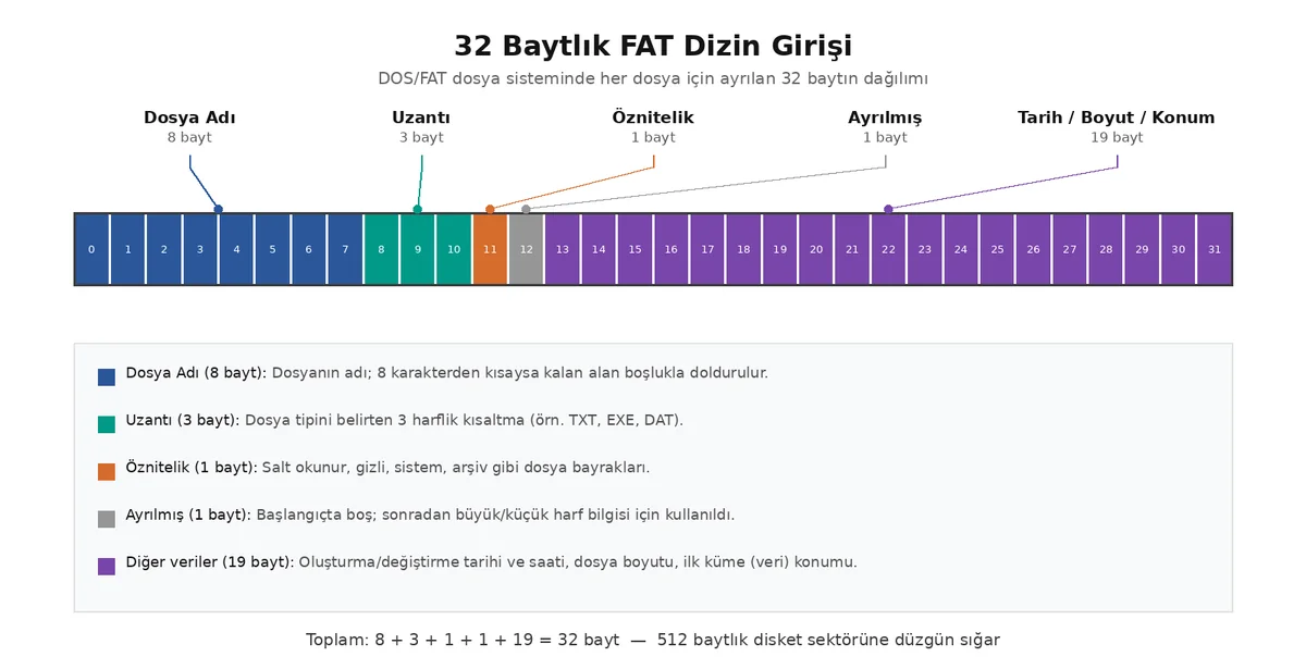 32 baytlık FAT dizin girişinin bayt dağılımını gösteren infografik: 8 bayt dosya adı, 3 bayt uzantı, 1 bayt öznitelik, 1 bayt ayrılmış, 19 bayt tarih/boyut/konum