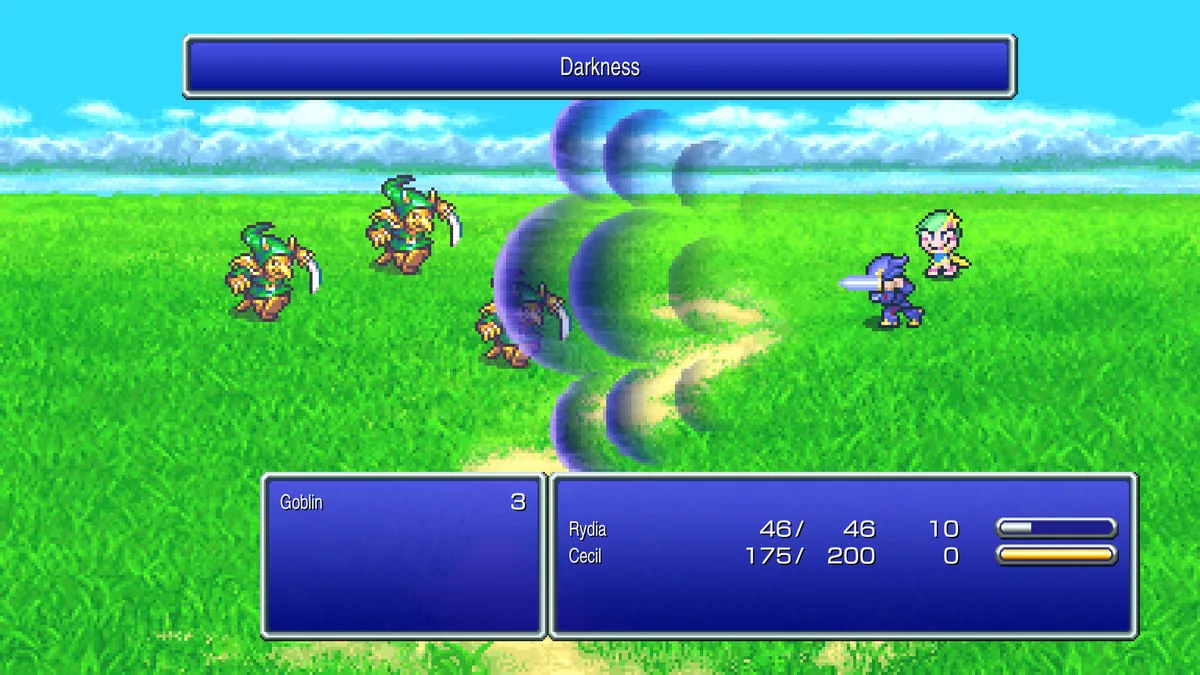 Final Fantasy IV Pixel Remaster savaş ekranında Rydia ve Cecil'in ATB (Active Time Battle) zamanlayıcı çubukları ve komut menüsü