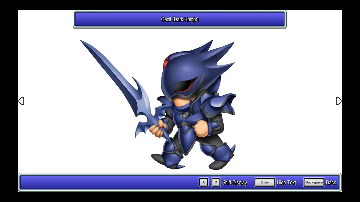 Final Fantasy IV'ün resmi karakter sanatında Cecil Harvey'in Karanlık Şövalye (Dark Knight) hâli