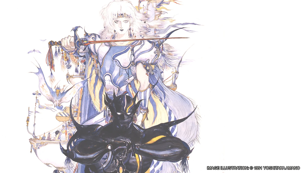 Final Fantasy IV'ün 1991 resmi kapak sanatı: Yoshitaka Amano'nun çizdiği karanlık şövalye Cecil Harvey ve arkasındaki beyaz figür