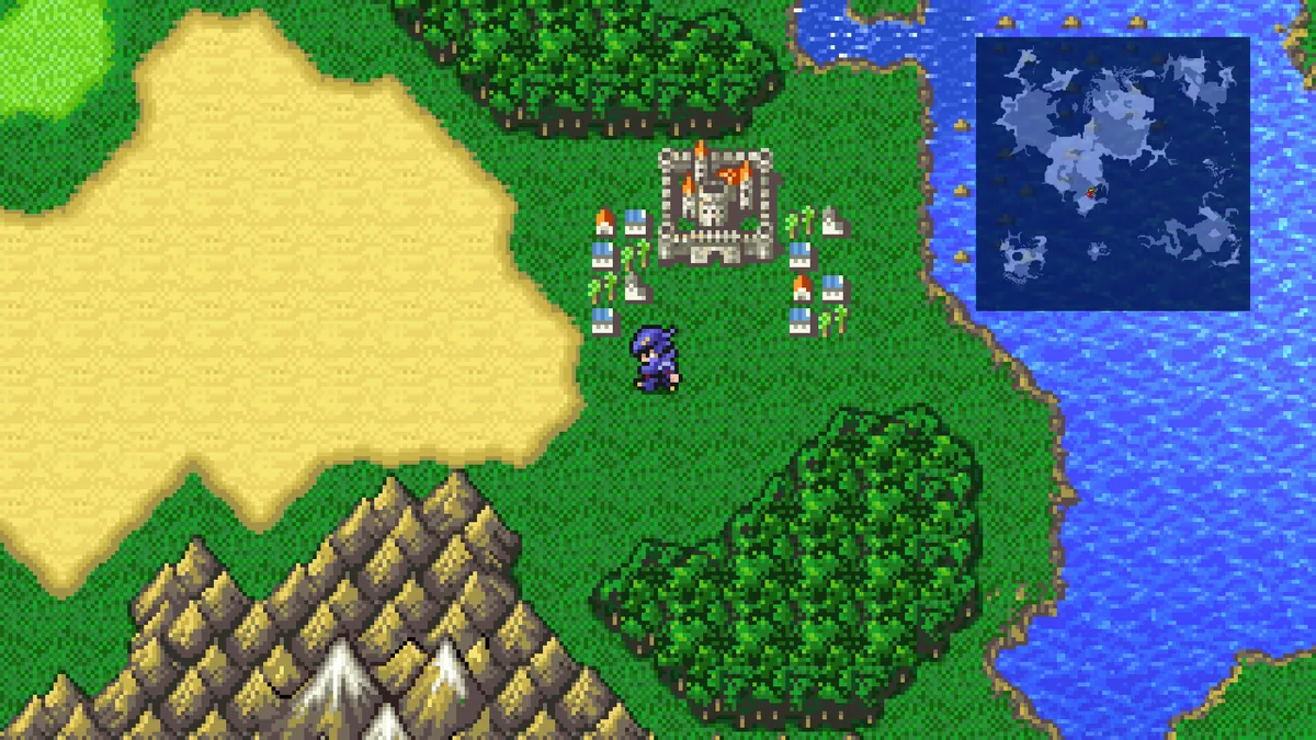 Final Fantasy IV Pixel Remaster'da bir şatonun önündeki üst-harita (overworld) görünümü, sağ üstte küçük dünya haritası
