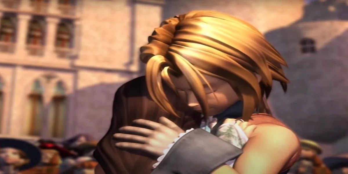 Final Fantasy IX'dan Zidane ve Garnet'in final sahnesinde sarılırken gösterildiği resmi görsel