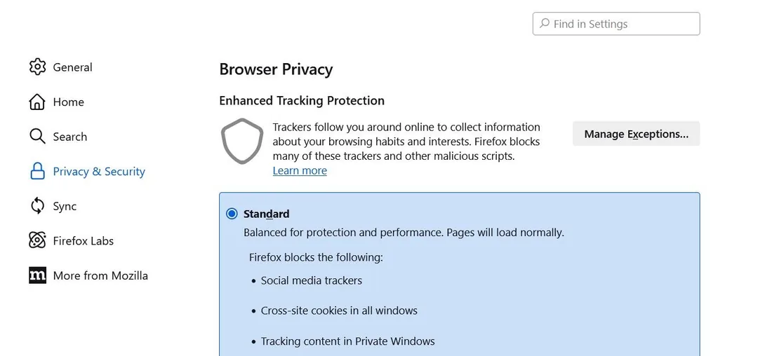 Mozilla Firefox tarayıcısının Gelişmiş İzleme Koruması (Enhanced Tracking Protection) ayarları ve Standart koruma düzeyi ekranı