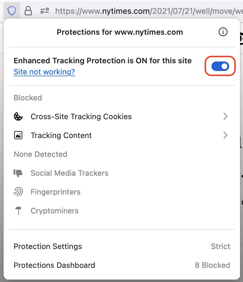 Firefox tarayıcısında Gelişmiş İzleme Koruması panelinde Sıkı (Strict) koruma ayarının ve parmak izi engelleyicilerin göründüğü ekran görüntüsü