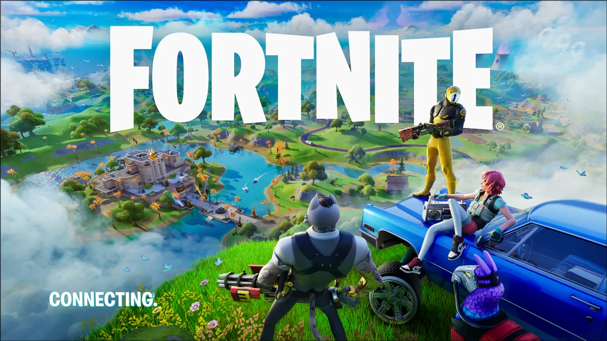 Fortnite oyununun resmi yükleme ekranı görseli: adadaki karakterler ve mavi bir araba