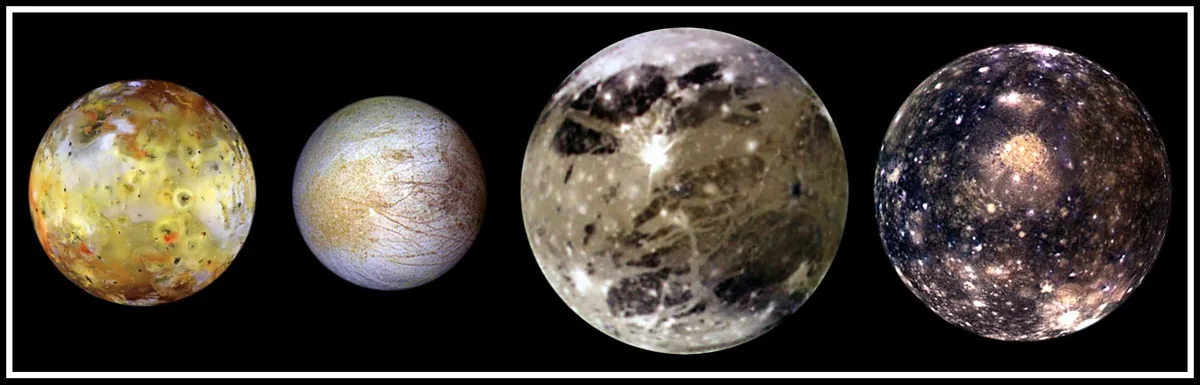 Jüpiter'in dört Galileo uydusu Io, Europa, Ganymede ve Callisto ölçekli karşılaştırma görüntüsünde yan yana
