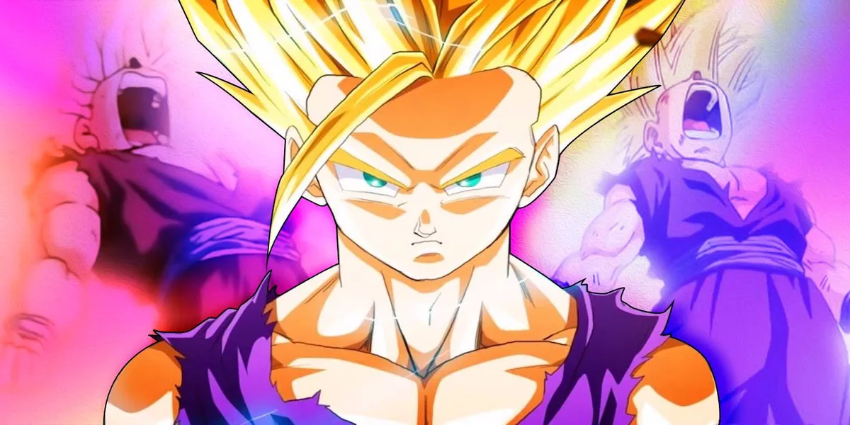 Gohan öfkeyle Süper Saiyan 2'ye dönüşürken dikleşmiş altın saçları ve elektrik yüklü altın aurasıyla, kararlı bakışla Cell Games kırılma anında