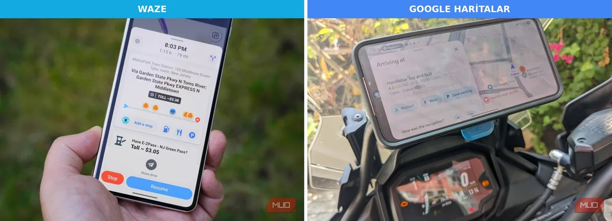 Waze uygulamasının sürüş navigasyon ekranı ile Google Haritalar uygulamasının işletme/varış bilgisi ekranı yan yana karşılaştırması
