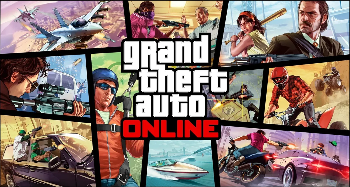GTA Online resmi kapak görseli: karakterlerin uçak, silah, motosiklet ve tekne gibi çeşitli GTA Online aktivitelerini sergilediği resmi Rockstar Games marka görseli