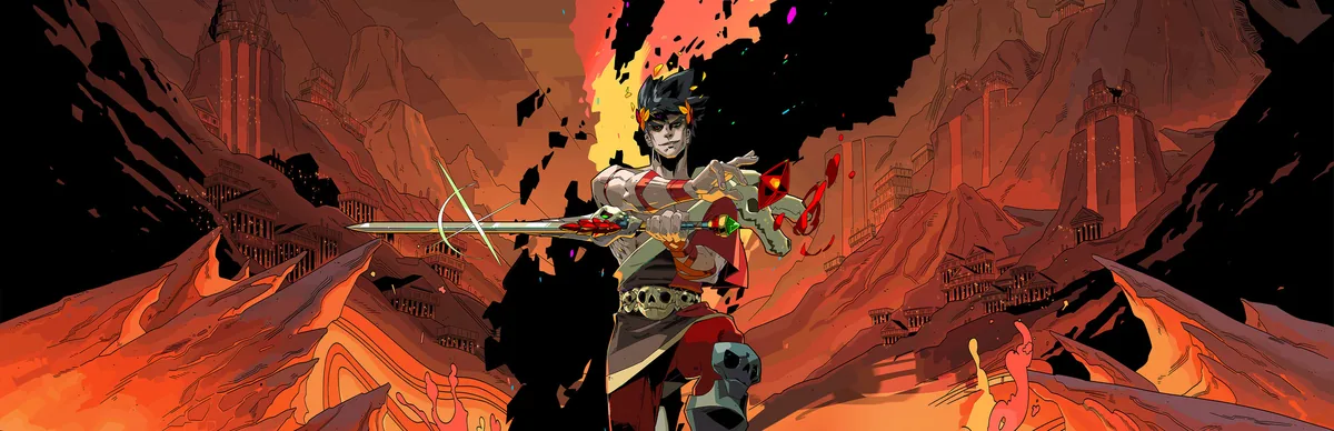 Hades oyununun resmi key art görseli: elindeki kılıçla savaşa hazırlanan baş karakter Zagreus, Yeraltı Dünyası'nın volkanik manzarası önünde