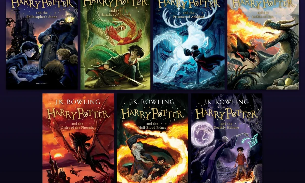 Harry Potter kitapları sıralaması için serinin yedi kitabının resmi kapaklarının yan yana dizilmiş görüntüsü