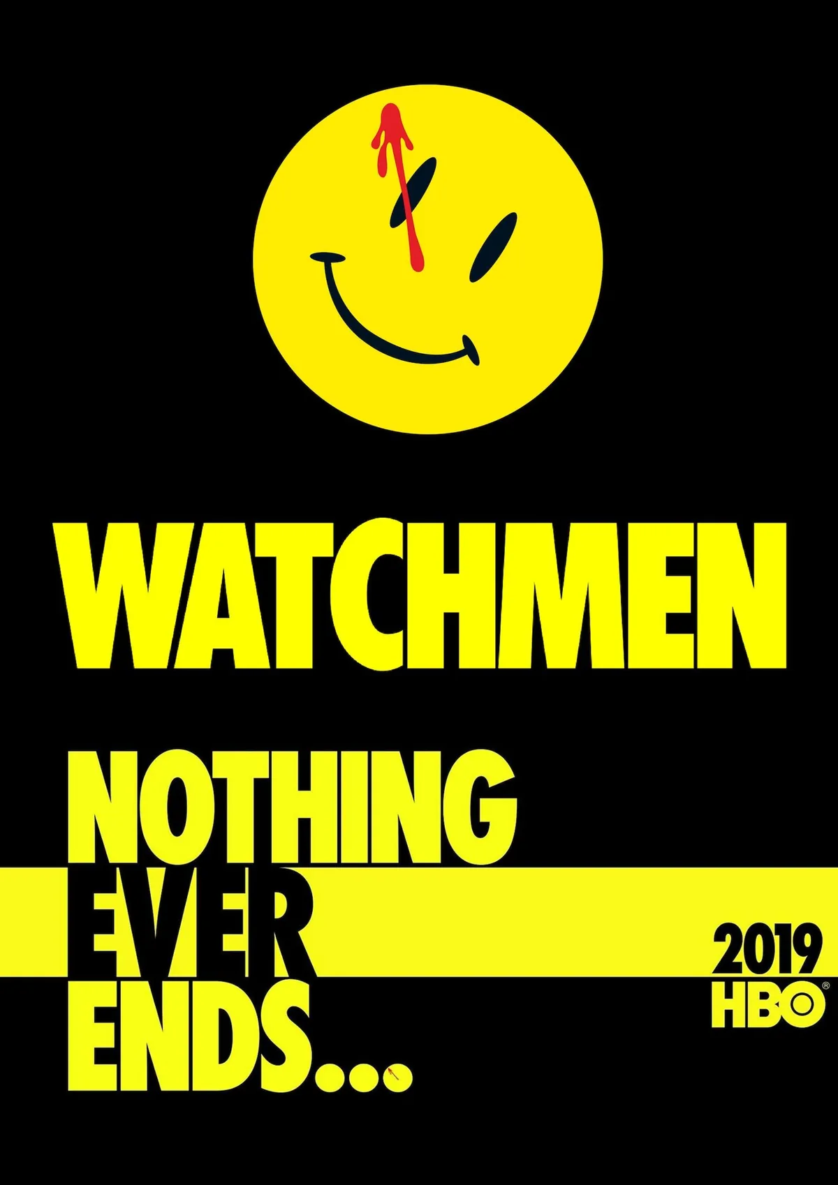 HBO’nun 2019 yapımı Watchmen dizisinin resmi anahtar görseli, sarı smiley logosu ve ‘Nothing Ever Ends’ yazısı