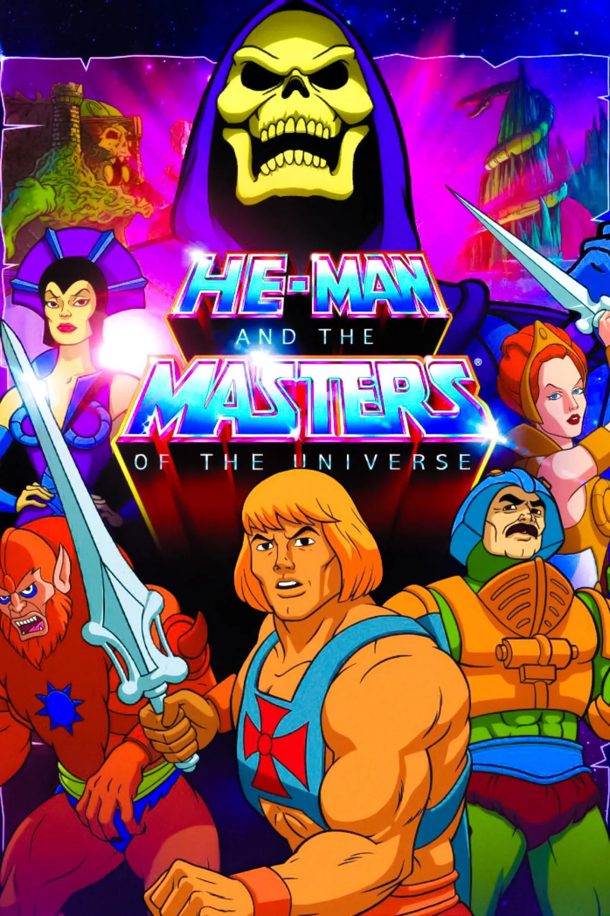 He-Man and the Masters of the Universe (1983) dizisinin resmi key art görseli: He-Man, Skeletor ve Eternia kahramanları